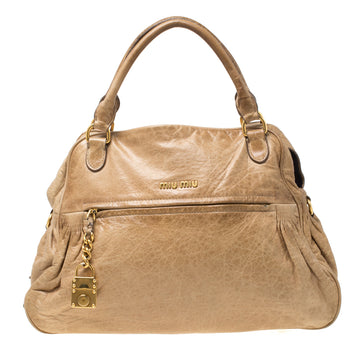 Miu Miu Beige Leather Lily Distressed Satchel