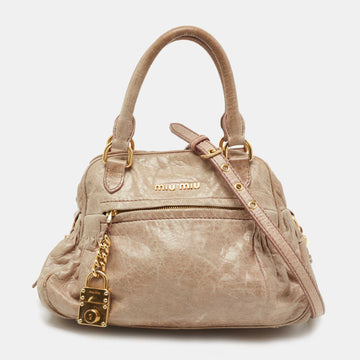 Miu Miu Beige Leather Lily Distressed Satchel