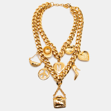 Moschino Couture Gold Tone Multi Charms Double Layer Necklace