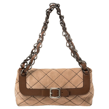 Moschino Beige/Brown Suede And Leather Buckle Flap Shoulder Bag