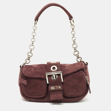 Prada Purple Suede Buckle Flap Baguette Bag