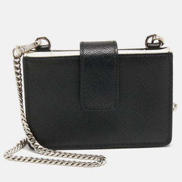 Prada Black/White Saffiano Leather Card Case with Chain
