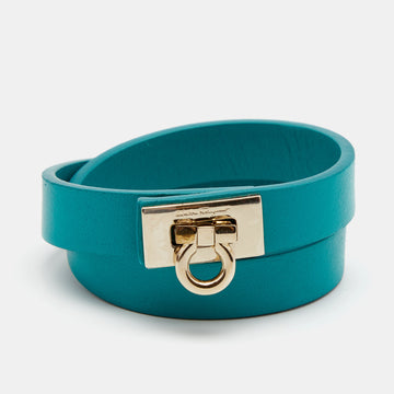 Salvatore Ferragamo Aqua Green Leather Gancet Double Wrap Bracelet