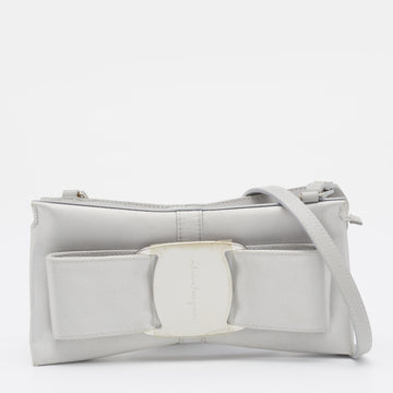 Salvatore Ferragamo Silver Satin Vara Bow Crossbody Bag