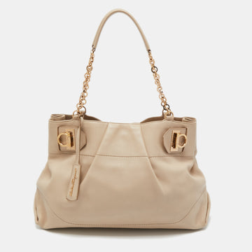 Salvatore Ferragamo Beige Leather Gancini Chain Tote