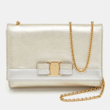 Salvatore Ferragamo Silver/Gold Leather Vara Bow Chain Bag