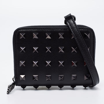 Valentino Black Leather Rockstud Wallet On Strap