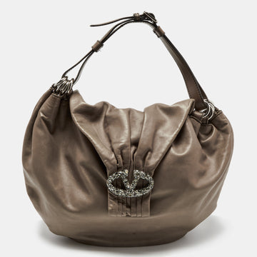 Valentino Dark Beige Leather Crystal Embellished VLogo Hobo