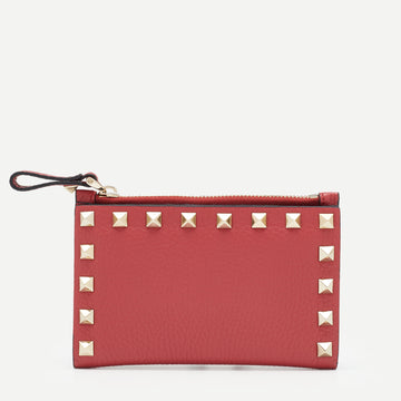 Valentino Red Leather Rocstud Around Coin Purse Bifold Wallet