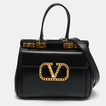 Valentino Black Leather Medium Rockstud Alcove Tote