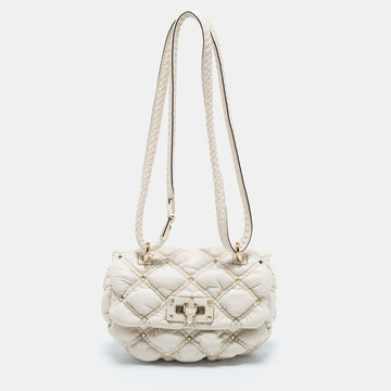 Valentino Off White Diamond Quilt Padded Leather Rockstud Shoulder Bag