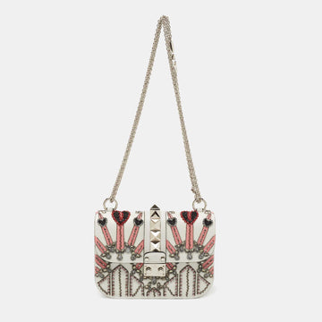 Valentino White Leather Small Crystal  Beaded Embellished Rockstud Glam Lock Flap Bag