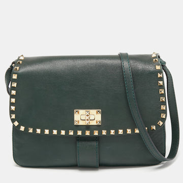 Valentino Dark Green Leather Rockstud Flap Shoulder Bag