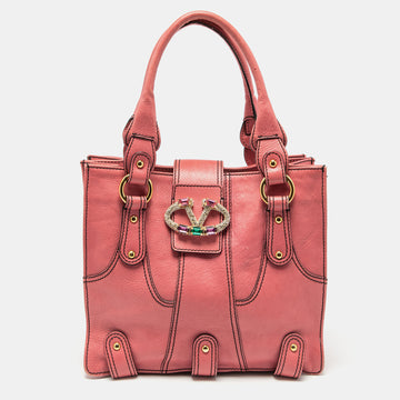 Valentino Pink Leather Crystal V Logo Tote