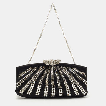 Valentino Black Satin Crystal Embellished Chain Clutch