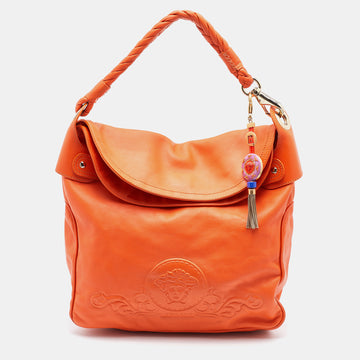 Versace Orange Leather Medusa Logo Braided Handle Hobo