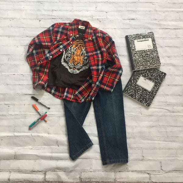 Boys Plaid Flannel with Tiger Face tee and jeans