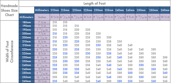 Two Perfect Souls - Size Chart - Handmade Shoes