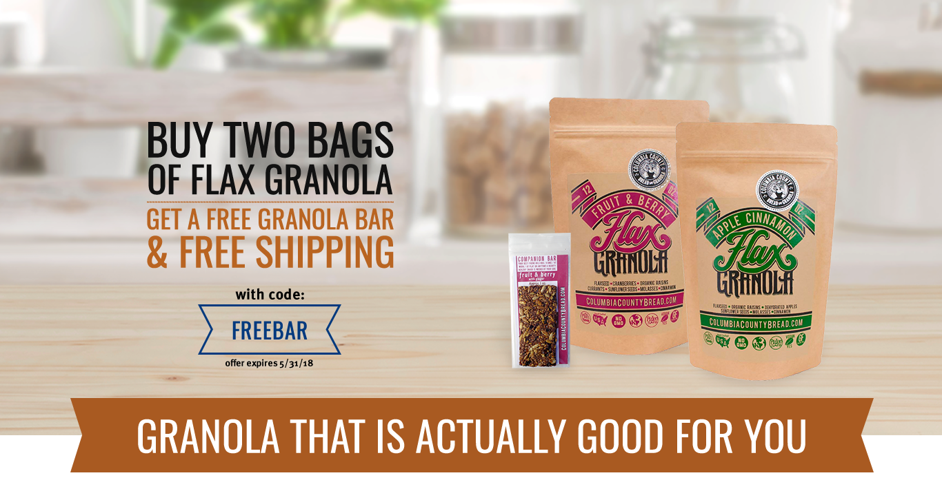 Buy two bags of flax granola, get a free granola bar and free shipping with code FREEBAR