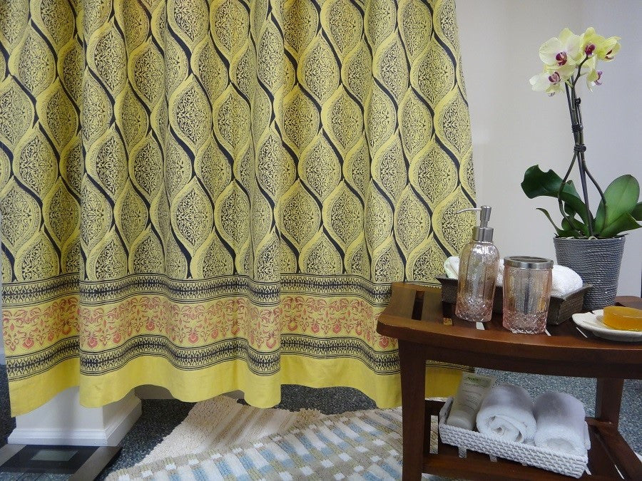 Fading Sun Shower Curtain~Yellow Gray~Border~Hand Block Printed