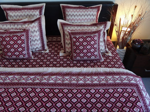 Mohana Duvet Cover~Wine&Coral~Hand Block Printed~Pure Cotton