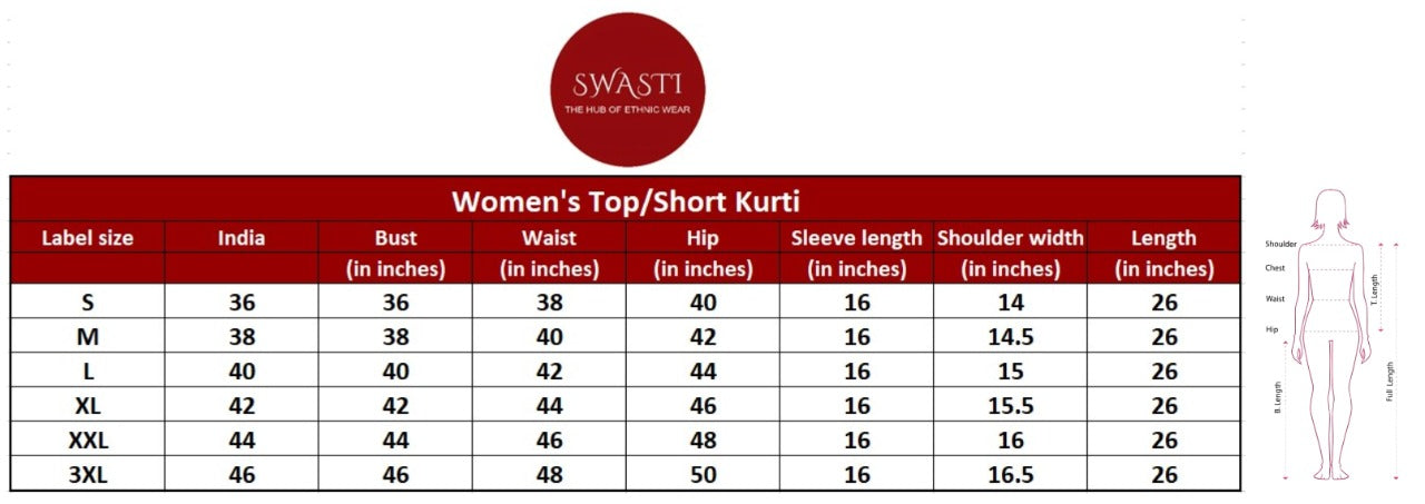 Women's Top/Short kurti size chart 