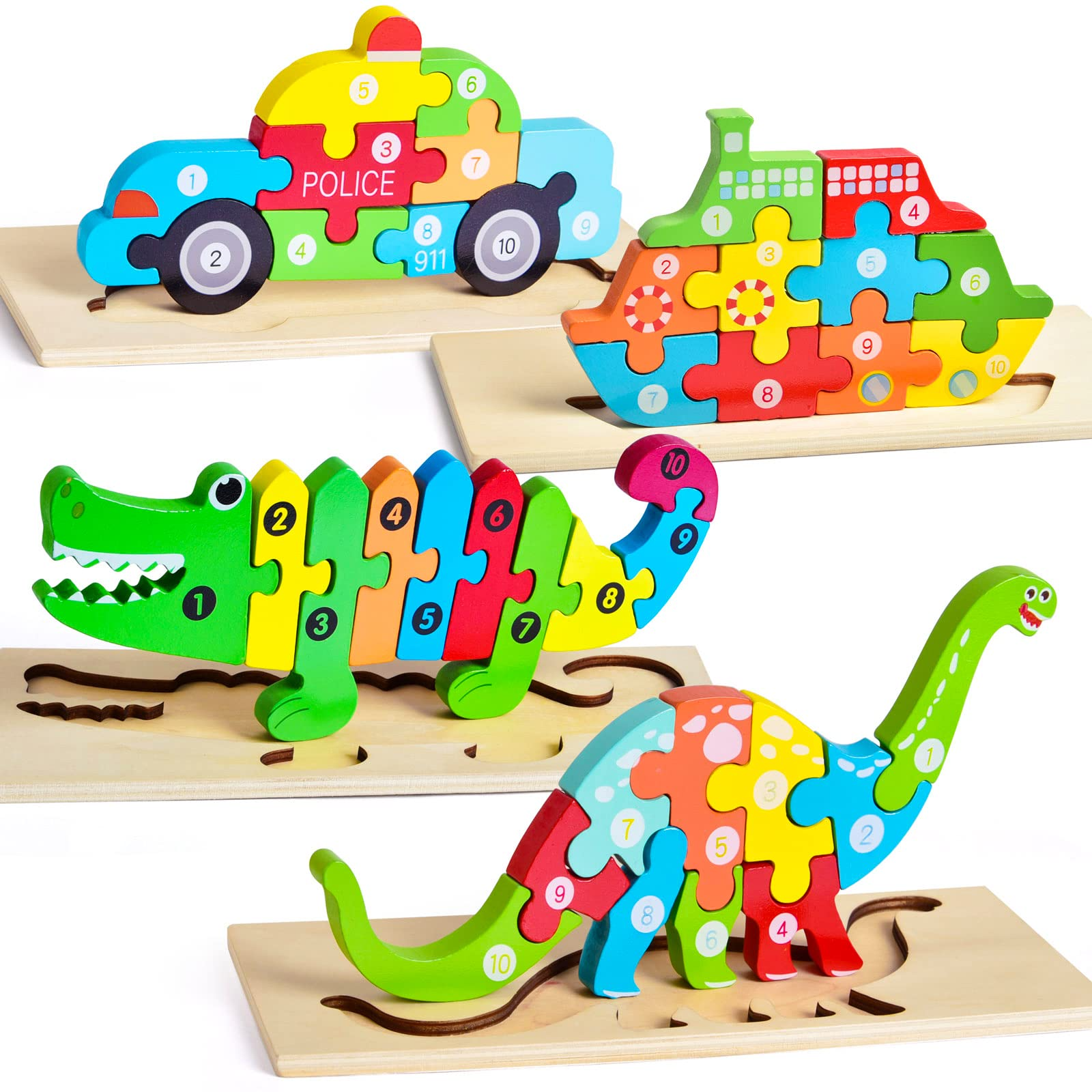 4-Pack Wooden Puzzles for Toddlers Age 2-4 Years Old – Talking Animals Books