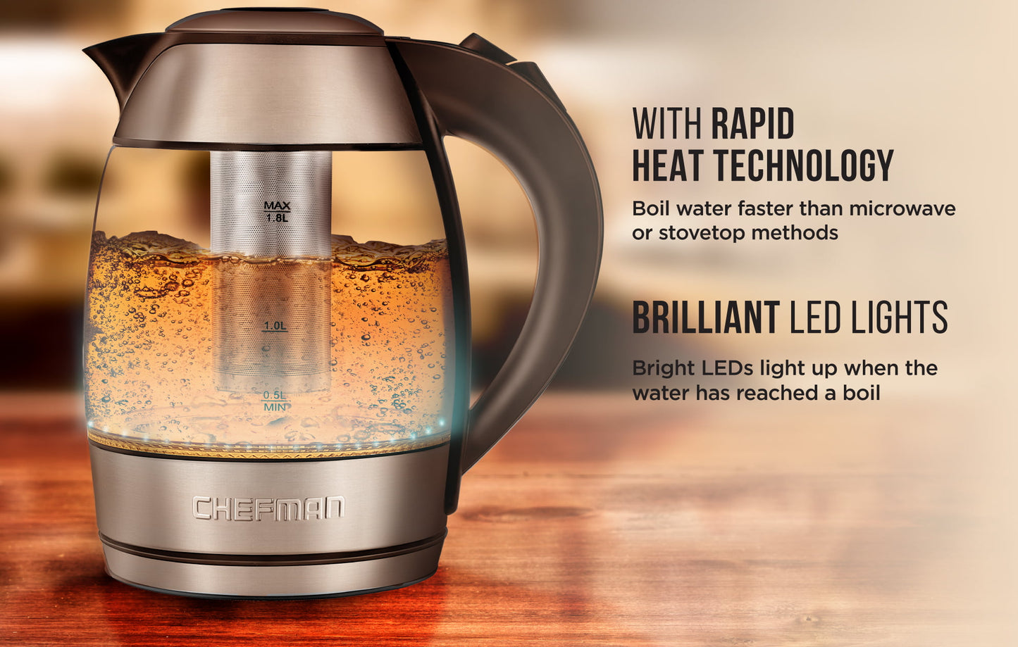 Chefman Electric Tea Infuser Glass Kettle, 1.8 Liter, Stainless Steel