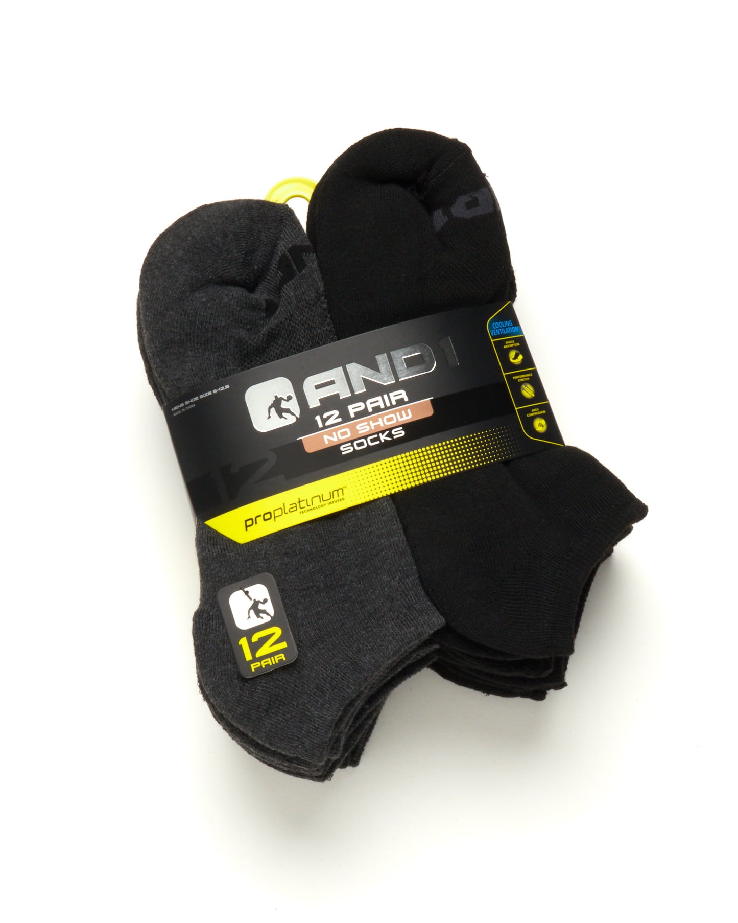 AND1 Men's Cushion No Show Socks, 12 Pack