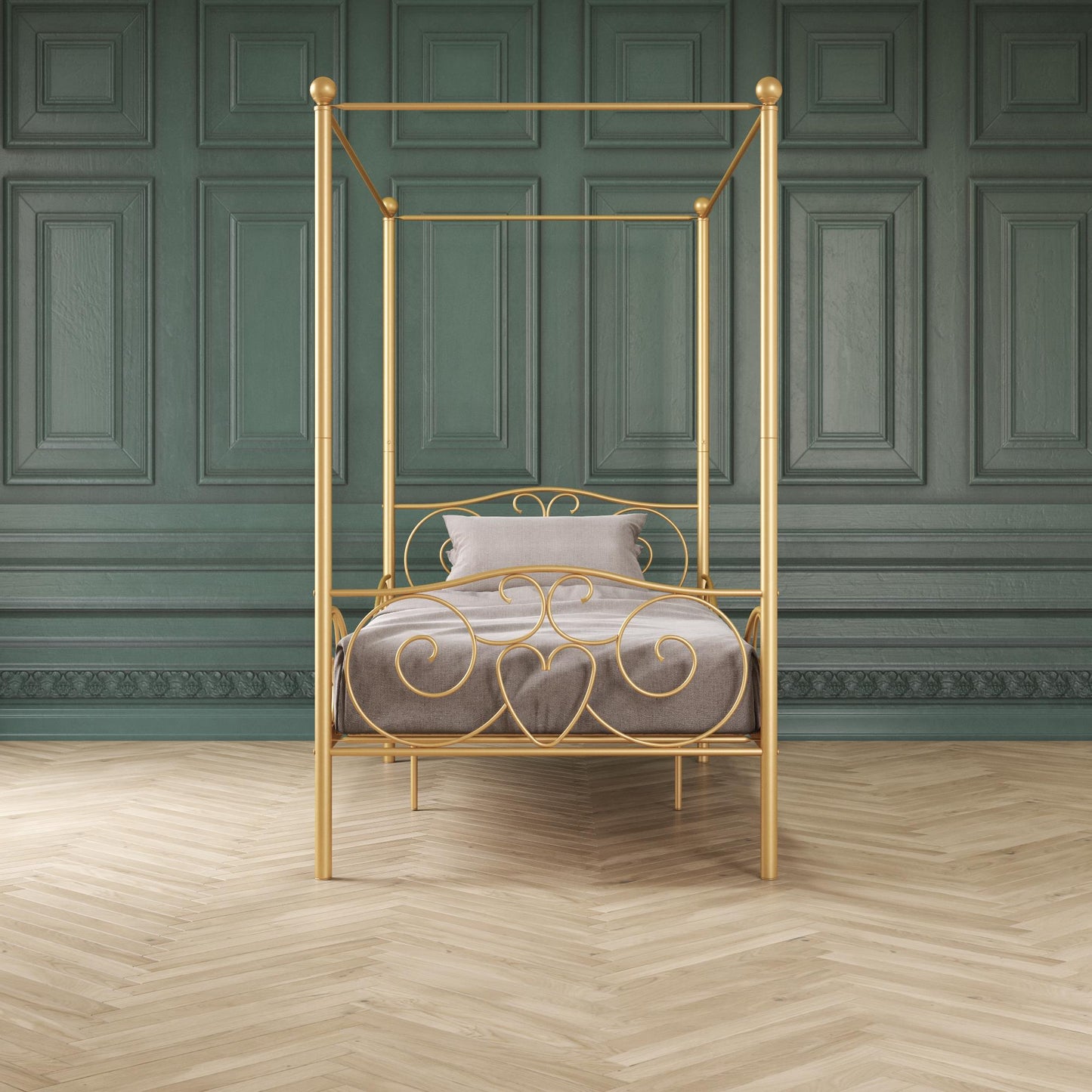 Elm & Oak Metal Canopy Kids Poster Bed, Twin, Gold