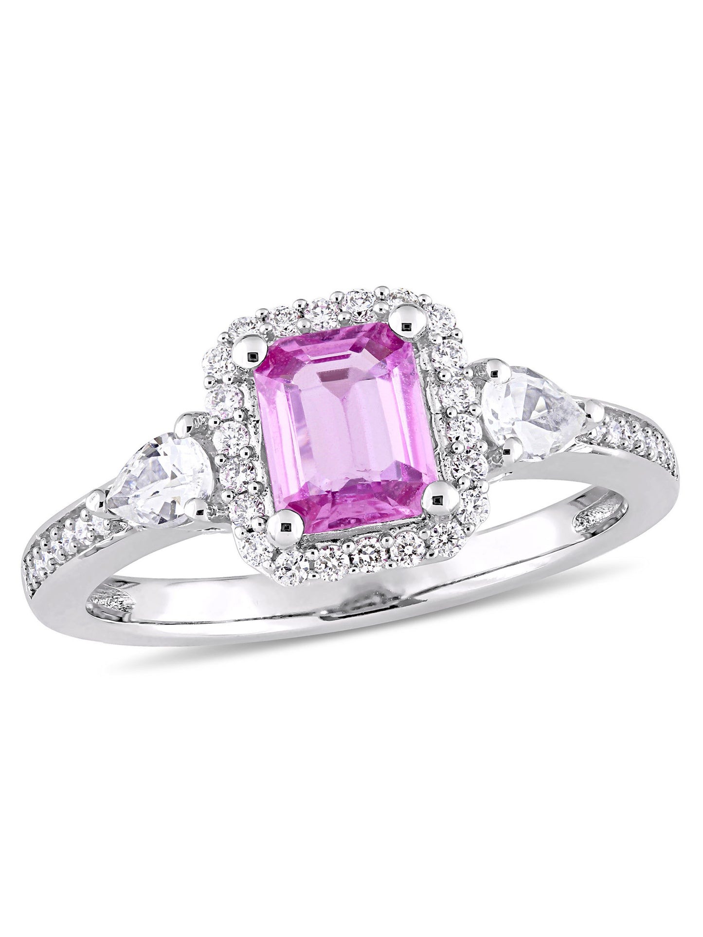 Tangelo 7/8 Carat T.G.W. Pink and White Sapphire and 1/6 Carat T.W. Diamond 14kt White Gold Halo Engagement Ring