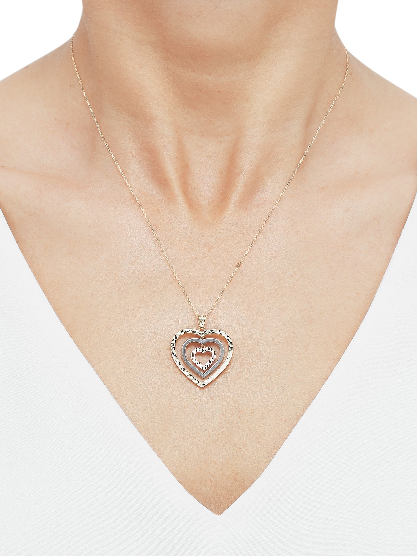 Brilliance Fine Jewelry 10K Yellow, White and Pink Gold Triple Open Heart Pendant, 18" Necklace