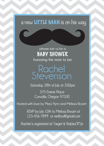Baby Boy Shower Invitation, Chevron, Mustache, Little Man Invite, Digital File, PRINTABLE