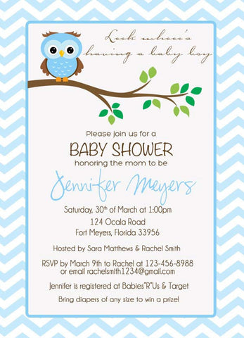 Baby Boy Owl Shower Invitation