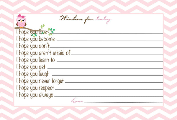 Baby Girl Shower Advice Card, Wishes for the Baby, Chevron Owl, Digital File, Printable