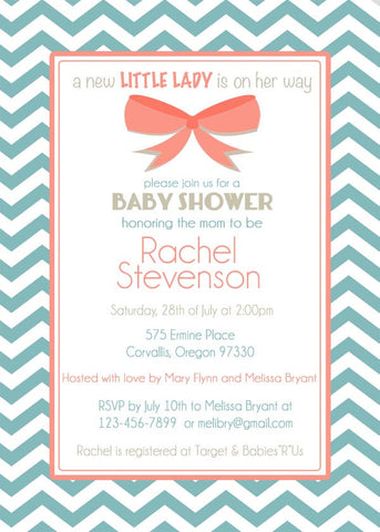 Baby Girl Shower Invitation, Chevron Invitation Aqua and Coral, Digital File, PRINTABLE