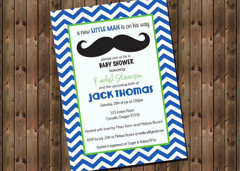 Baby Boy Shower Invitation, Chevron and Mustache Invite, Digital File, PRINTABLE