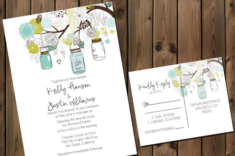 Tree branches with mason jar and flowers wedding Invitation Package, Printable, Digital File