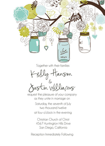 Tree branches with mason jar and flowers wedding Invitation Package, Printable, Digital File