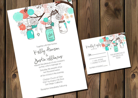 Wedding Invitation Package with Flowers and Jars, Coral, Mint, Tourqouis, Peach, Digital File Wedding Package