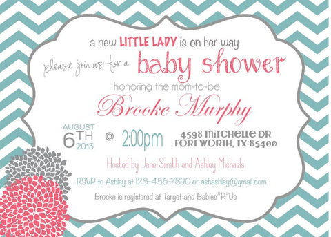 Baby Girl Shower Invitation, Chevron Invitation Aqua and Coral and Grey, Digital File, PRINTABLE