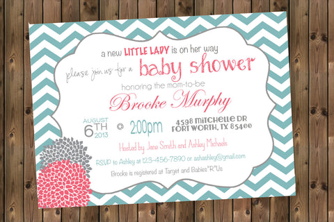 Baby Girl Shower Invitation, Chevron Invitation Aqua and Coral and Grey, Digital File, PRINTABLE