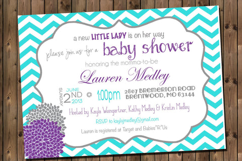 Baby Girl Shower Invitation, Chevron Invitation Turquoise, Purple and Grey, Digital File, PRINTABLE