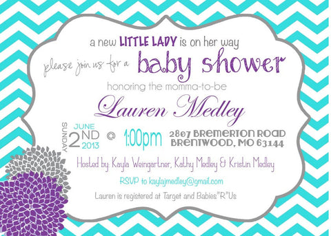 Baby Girl Shower Invitation, Chevron Invitation Turquoise, Purple and Grey, Digital File, PRINTABLE