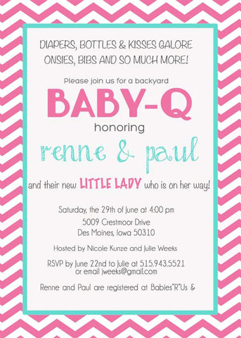 Baby-Q Shower Invitation, Chevron Pink and Aqua, Digital File, PRINTABLE