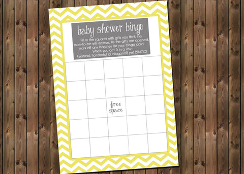 Baby Shower Bingo Game Card, Yellow and Grey, Instant Download, Digital file,