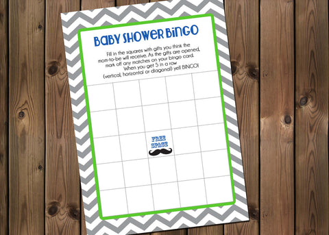 Baby Shower Bingo Game Card, Mustache Grey, Green and Blue, Instant Download, Digital file,