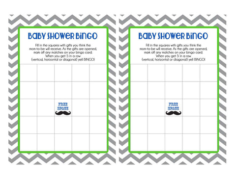 Baby Shower Bingo Game Card, Mustache Grey, Green and Blue, Instant Download, Digital file,