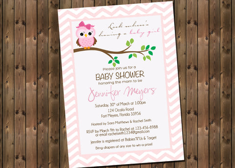 Baby Girl Shower Invitation, Owl Chevron Invitation, Digital File, PRINTABLE
