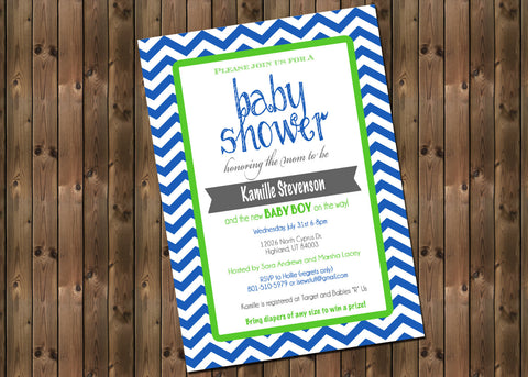 Blue, Lime Green and Grey Baby Shower Chevron Invitation, Digital File, PRINTABLE